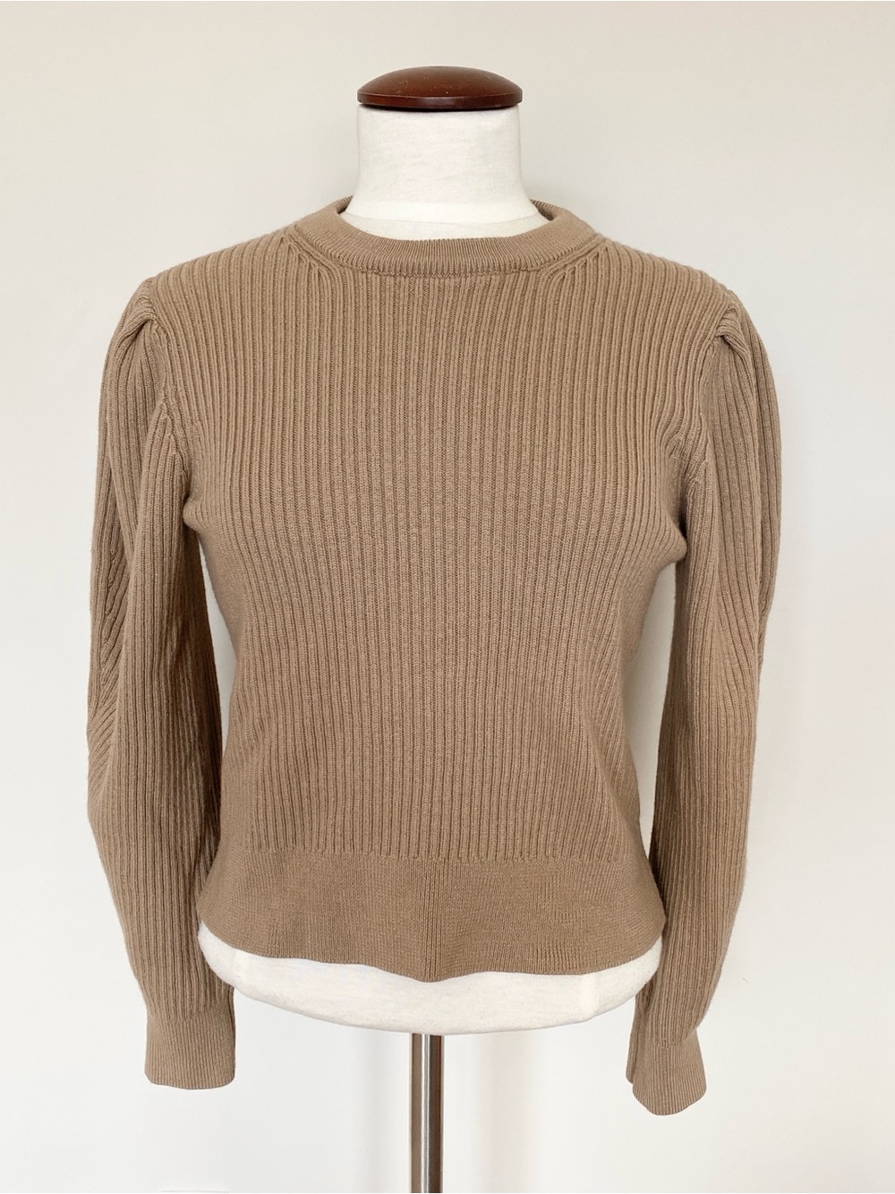 Aritzia Wilfred Ayla Merino Wool Puff Sleeve Ribbed Sweater Tan Sz M